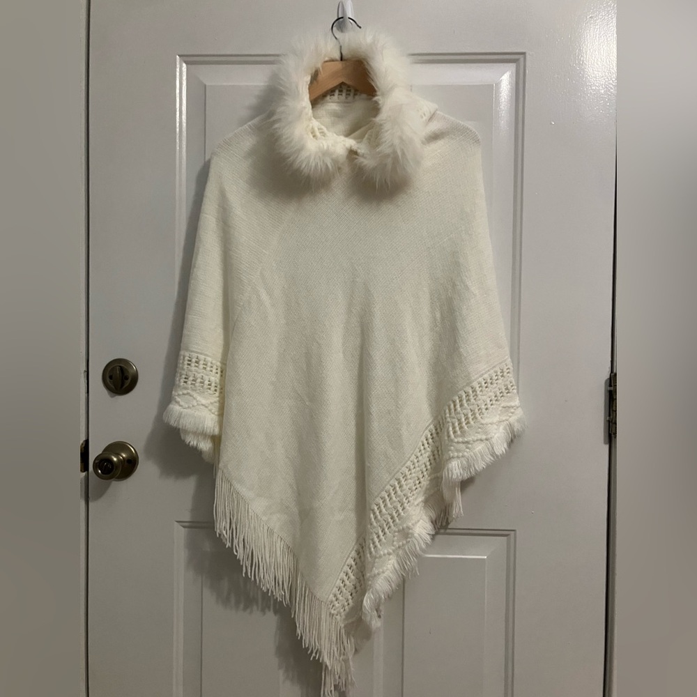 Pinklicious -white knit poncho, with faux fur hoodie